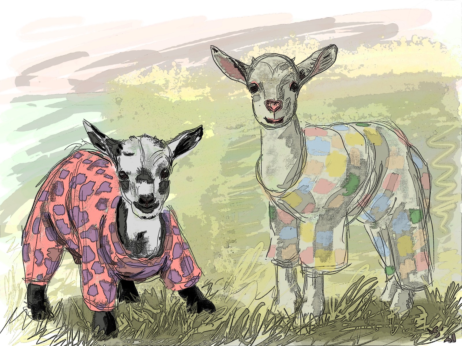 Illustration: two baby goats wearing pyjamas.