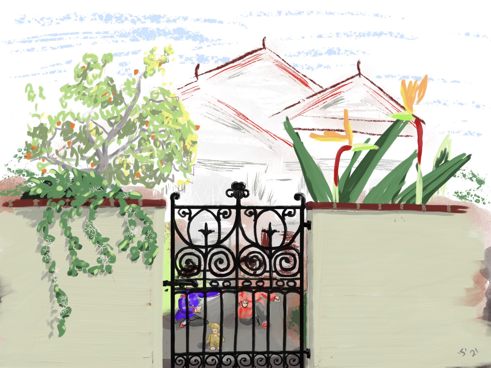 Illustration: a garden wall with an ornate iron gate. Creepers trailing over the wall, and Bird of Paradise plants rising above it. Behind the gate two toddlers in bright clothes are playing. In the background a 1930s Californian Bungalow style Australian house is sketched in.