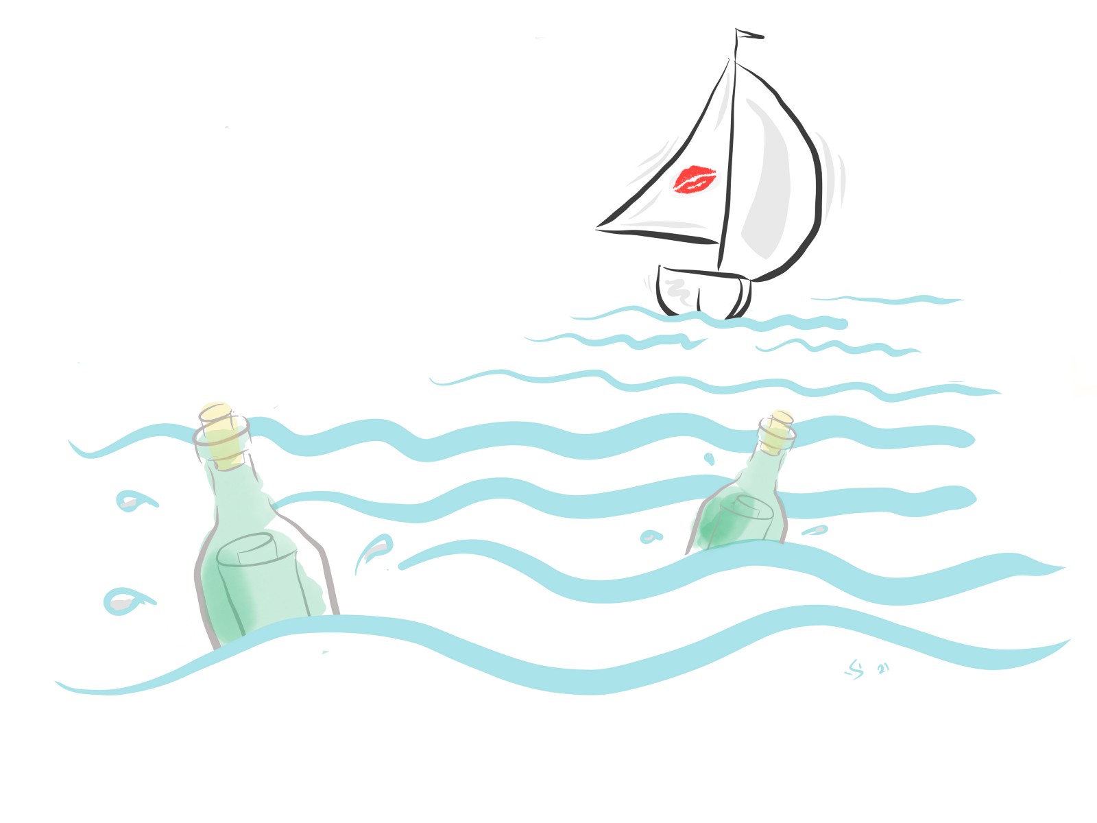Cartoon: a small yacht sailing away, leaving two messages in bottles bobbing in its wake.