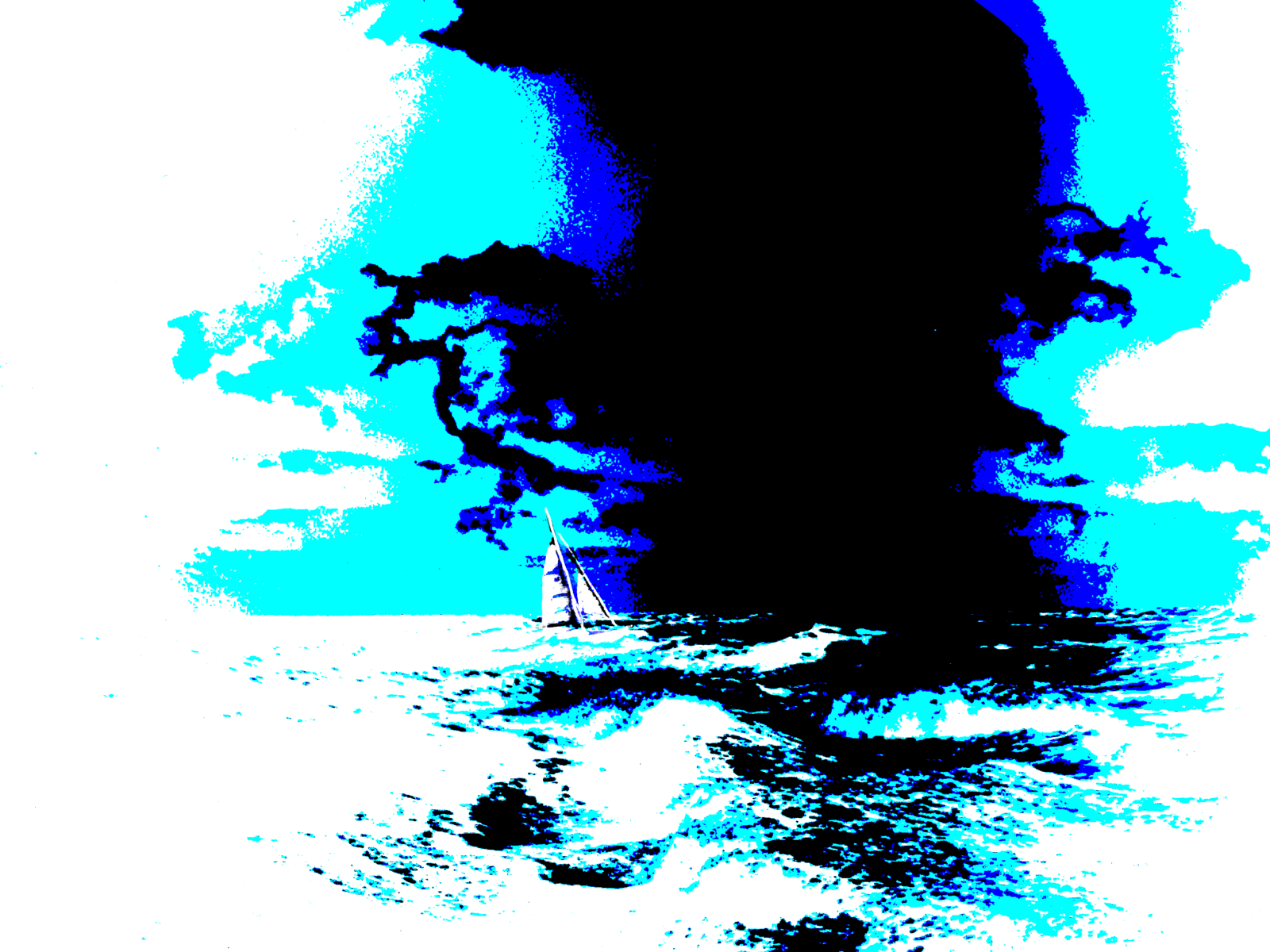 A small yacht with reefed sails on a stormy ocean.