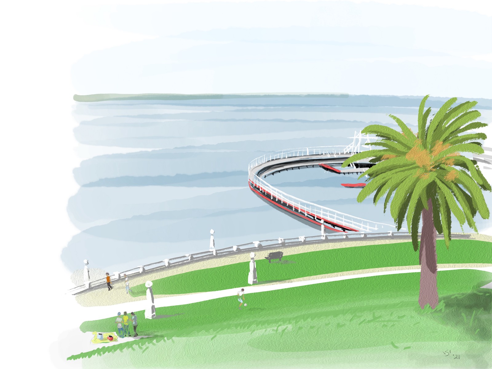 Poster-style illustration. Art Deco semicircular sea baths with green lawns in the foreground and a palm tree. Small figures picnicking, walking, playing ball