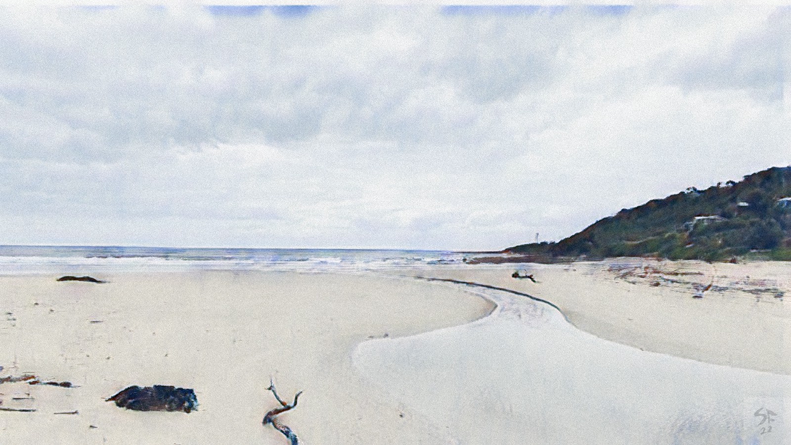 Photo edited to look like a watercolour painting of a beach with a low headland on the right. The beach is bisected by a creek in a reverse S shape snaking towards the distant surf.