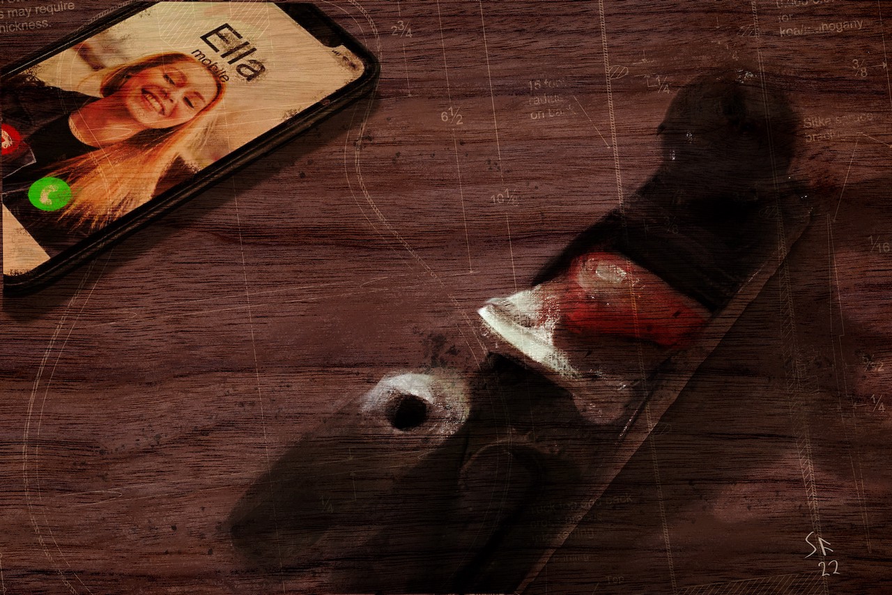 Composite graphic. A smartphone displaying the photo of a caller 'Ella', a smiling young blonde woman, next to a wood plane on a sheet of timber upon which construction lines for a ukulele are inscribed.