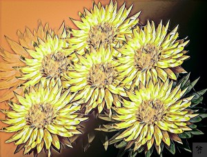 Smaller copy of the featured image, showing six yellow everlasting daisies on an orange and green-black background, in a composition slightly reminiscent of Van Gogh's Sunflowers.